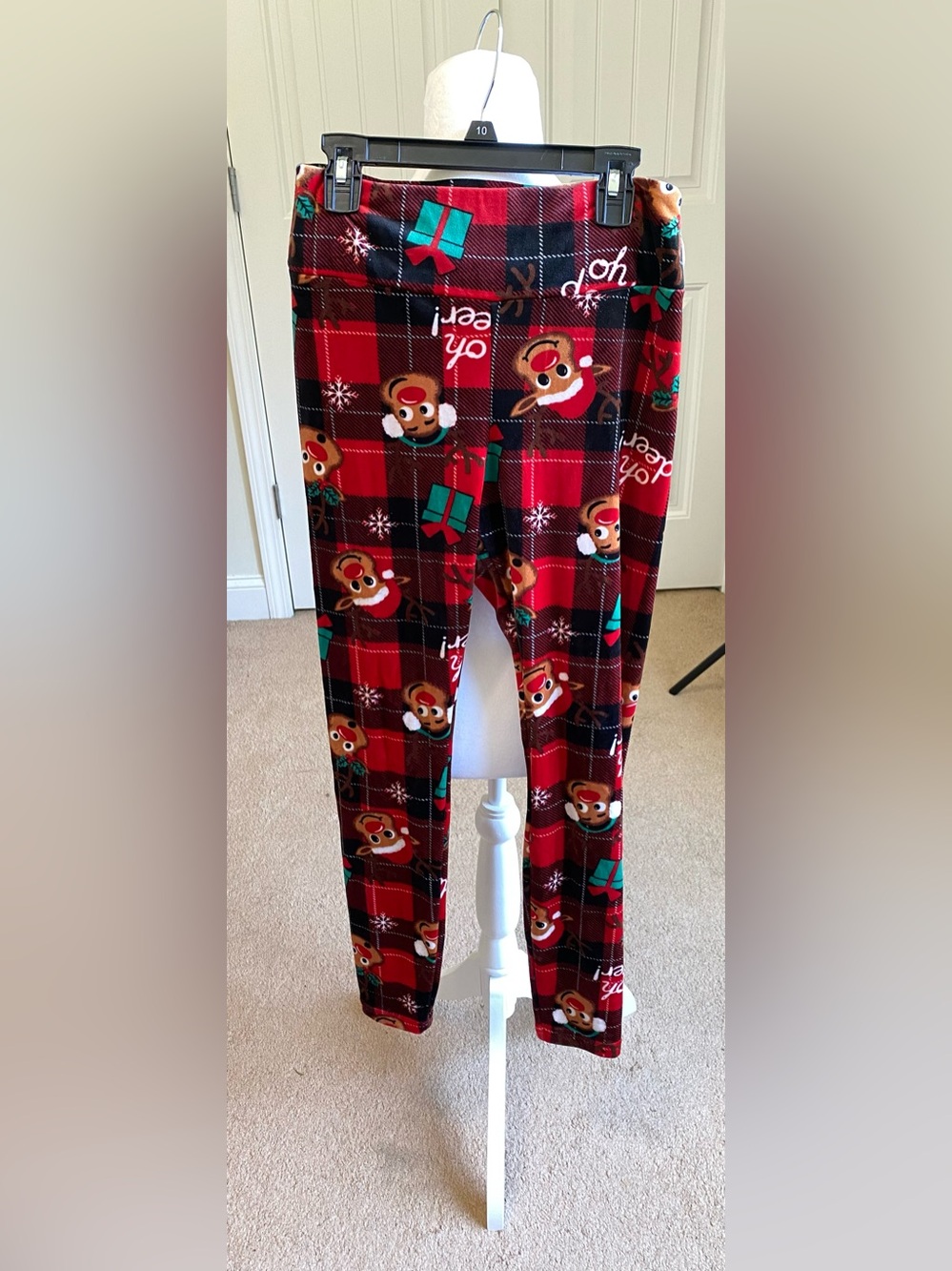 Rudolph Velour High Waisted Christmas Pants Leggings In Buffalo Plaid Size 7/9